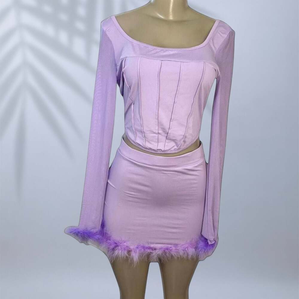 Purple Lilac Long Sleeve Corset Top and Feather Trim Mini Skirt Set ✧ M - Picture 2 of 4